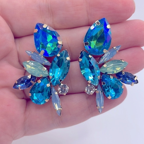 Rhinestone Geometric Shiny Blue Statement Earrings - Picture 1 of 6